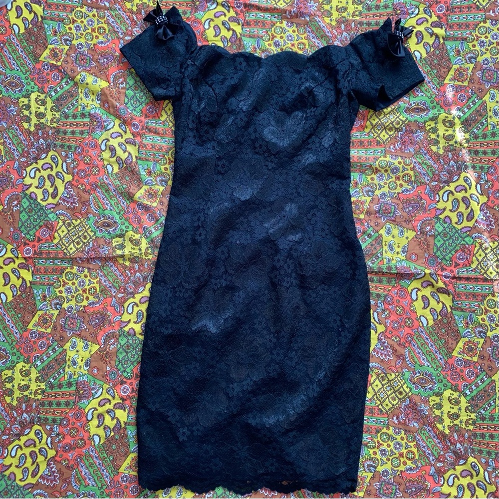 1980s Black Lace Off the Shoulder Scalloped Neckline Dress